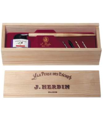 J. Herbin La Perle des Encres Wooden Box Set Vintage w Violet Ink & 5 Steel Nib