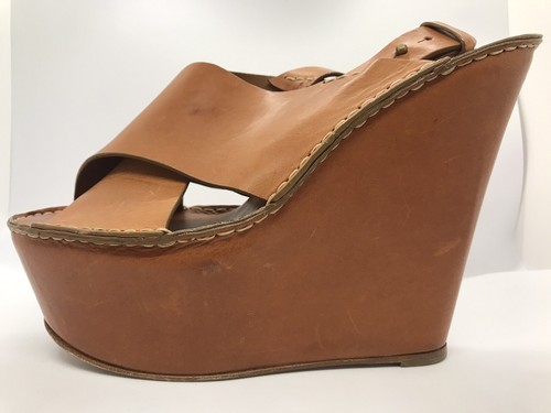 $795 RARE NEW CHLOE 39 US 9 Brown Leather Wedge Platform Cross Straps Sandals C1 - Picture 7 of 8