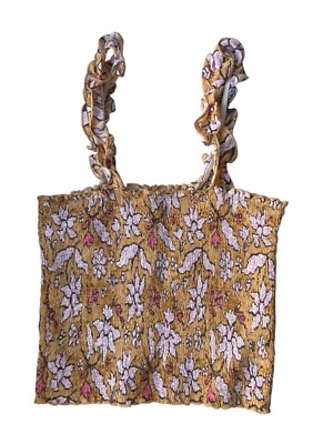 Aerie Womens Jungle Thrills Smocked Crop Tank Top Size XS Yellow Flowers Ruffles