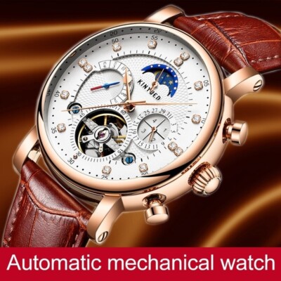 KINYUED Roségold Tourbillon mechanische Automatik Uhr Mondphasenkalender 