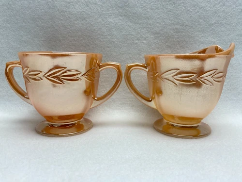 Vintage Peach Luster Laurel Leaf Creamer & Sugar Bowl Anchor Hocking Fire King