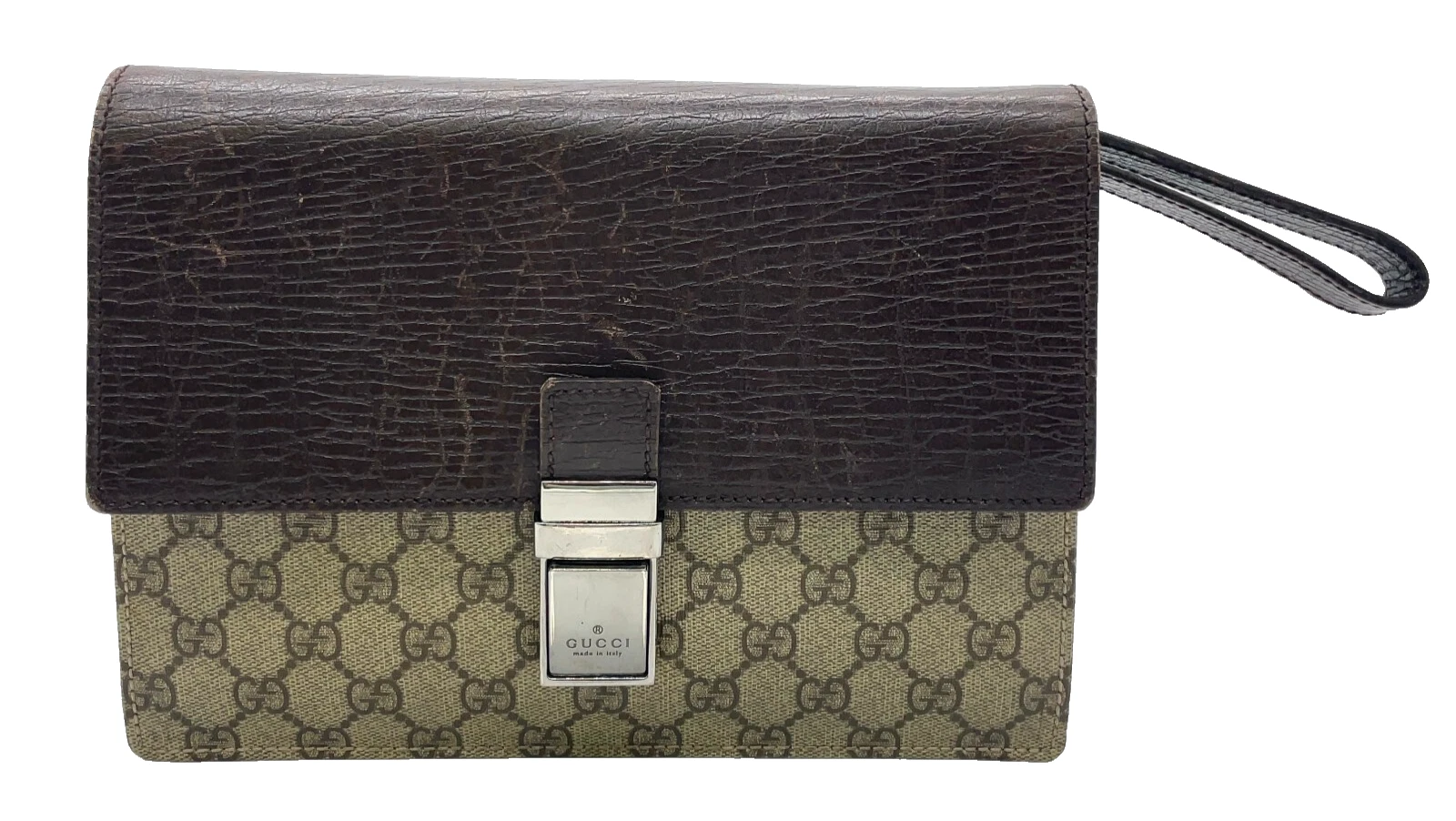 Authentique sac pochette Gucci GG Supreme PVC x cuir beige SV 114,68 NS040669