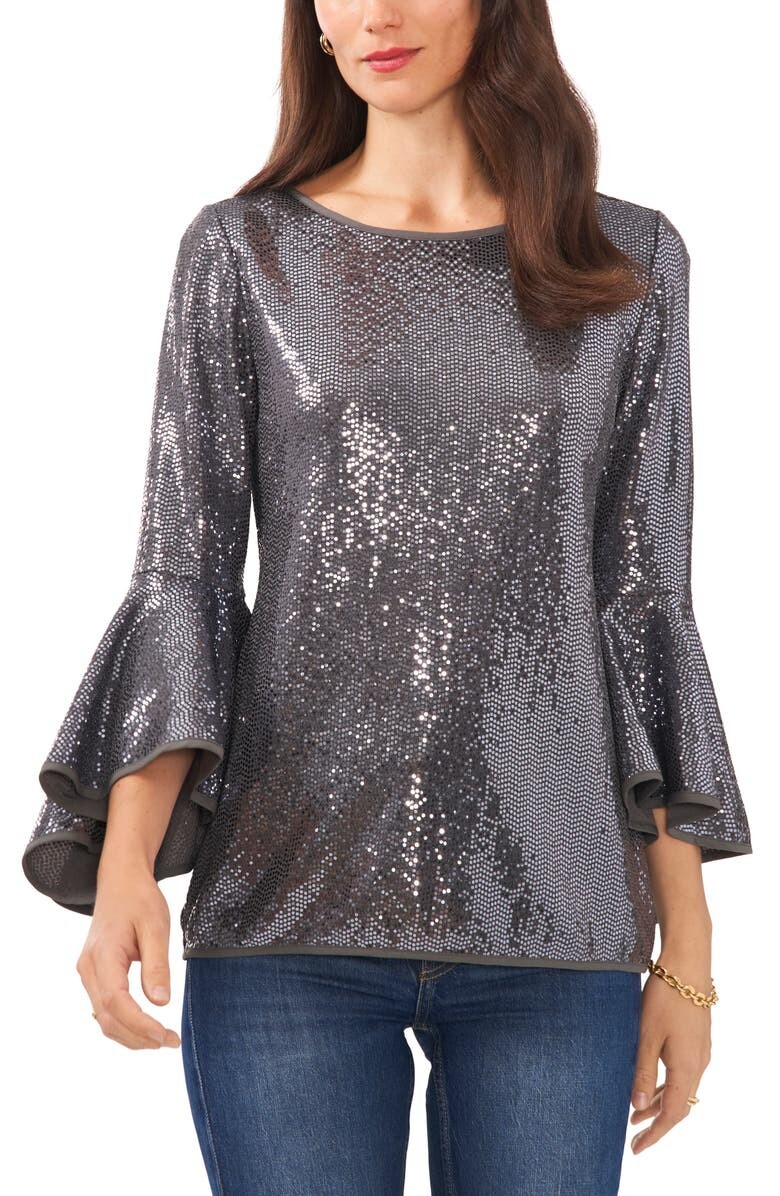 Vince Camuto Silver Sequin Bell Sleeve Top Size XXS | eBay