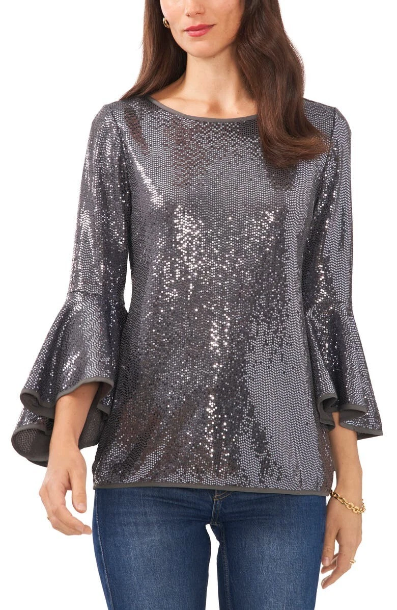 Vince Camuto Silver Sequin Bell Sleeve Top Size XXS eBay
