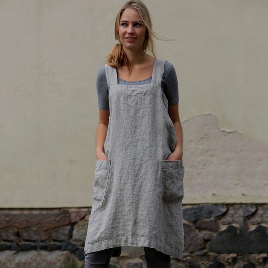 Amlztr Women's Pinafore Apron Cross Back Apron with Pockets Cotton Linen Apron Dress Plus Size