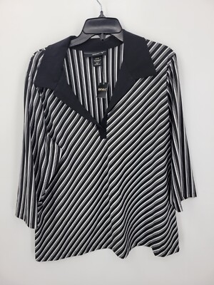Venezia Top Womens Plus 22/24 Black White Collared 3/4 Sleeve Pullover Vintage