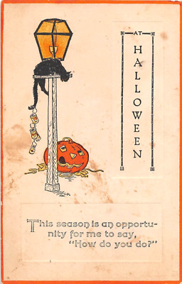 c.1920 Jack O' Lantern & Black Cat Halloween post card Pink of ...