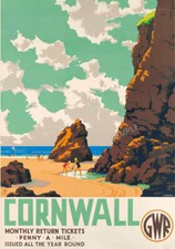 VINTAGE RAILWAY POSTER CORNWALL 1930s Beach GWR Rail Travel ART Deco PRINT A3 A4