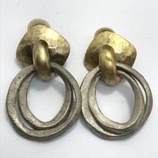 Vintage NORMA JEAN signed NJ Hammered Ant. Gold & Silver Unique Clip-on Earrings