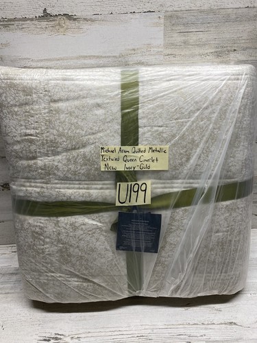 Michael Aram Quilted Metallic Textured Queen Coverlet Quilted Ivory / Gold New - Picture 8 of 8
