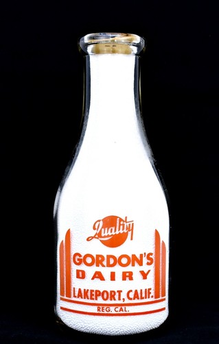1947 GORDON'S DAIRY QT Milk Bottle, LAKEPORT, LAKE County California CA