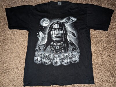 NATIVE AMERICAN & Wolves FULL PRINT T-shirt Single Stitch Size L 21.5x28.5