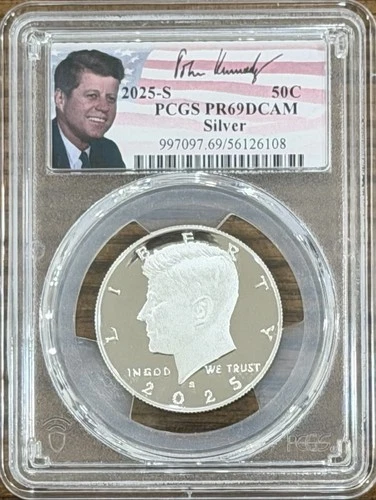 2025 S Silver Proof Kennedy Half Dollar PCGS PR69DCAM, Signed Portrait Label