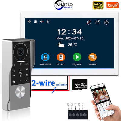 ANJIELO 2-Wire Video Door Phone with TUYA App IC Card PIN Unlock 24 IP Camera Su