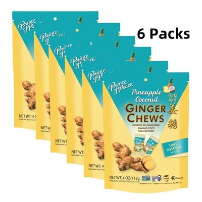 Pack of 6 - Pineapple Coconut Ginger Chews-4oz-Natural Ginger Candy-Soft Sweets