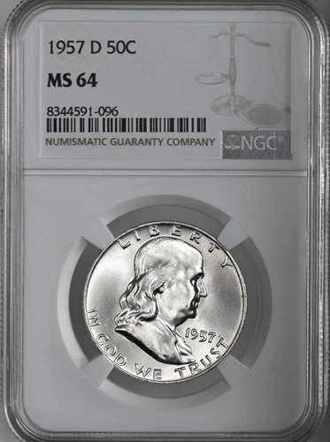 1957-D  50C  FRANKLIN SILVER HALF DOLLAR DENVER MINT NGC MS64 #8344591-096
