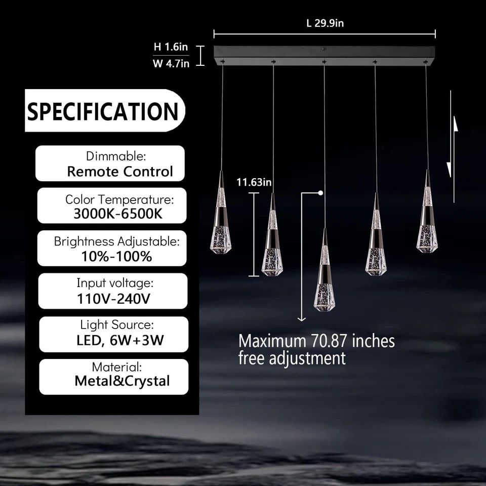 Lámpara colgante moderna de 5 luces negra regulable para cocina isla Foto 4 de 4