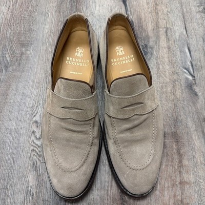 Brunello Cucinelli Mens Tan Flex Suede Penny Loafers Made in Italy Size US 11 44