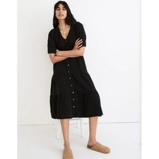 Madewell 12 Lightspun Button Front Tiered Midi Dress Black Double Gauze Cotton