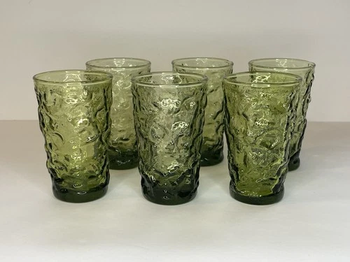 Set Of 6 Vintage Anchor Hocking Milano Green 5 oz Flat Juice Glasses