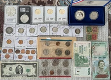 Mixed lot Coins, Vintage Stamps, $1 US Note, Foreign Note, Lot