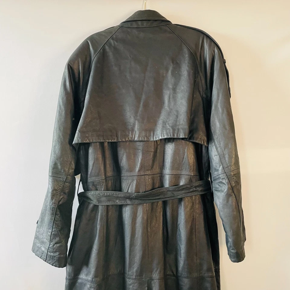 Gabardina vintage South Wind para mujer de cuero negro con cinturón al aire libre talla X-grande Foto 4 de 4