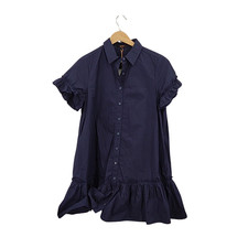 Quince Women 100% Organic Cotton Poplin Short Sleeve Ruffle Shirt Dress Navy S