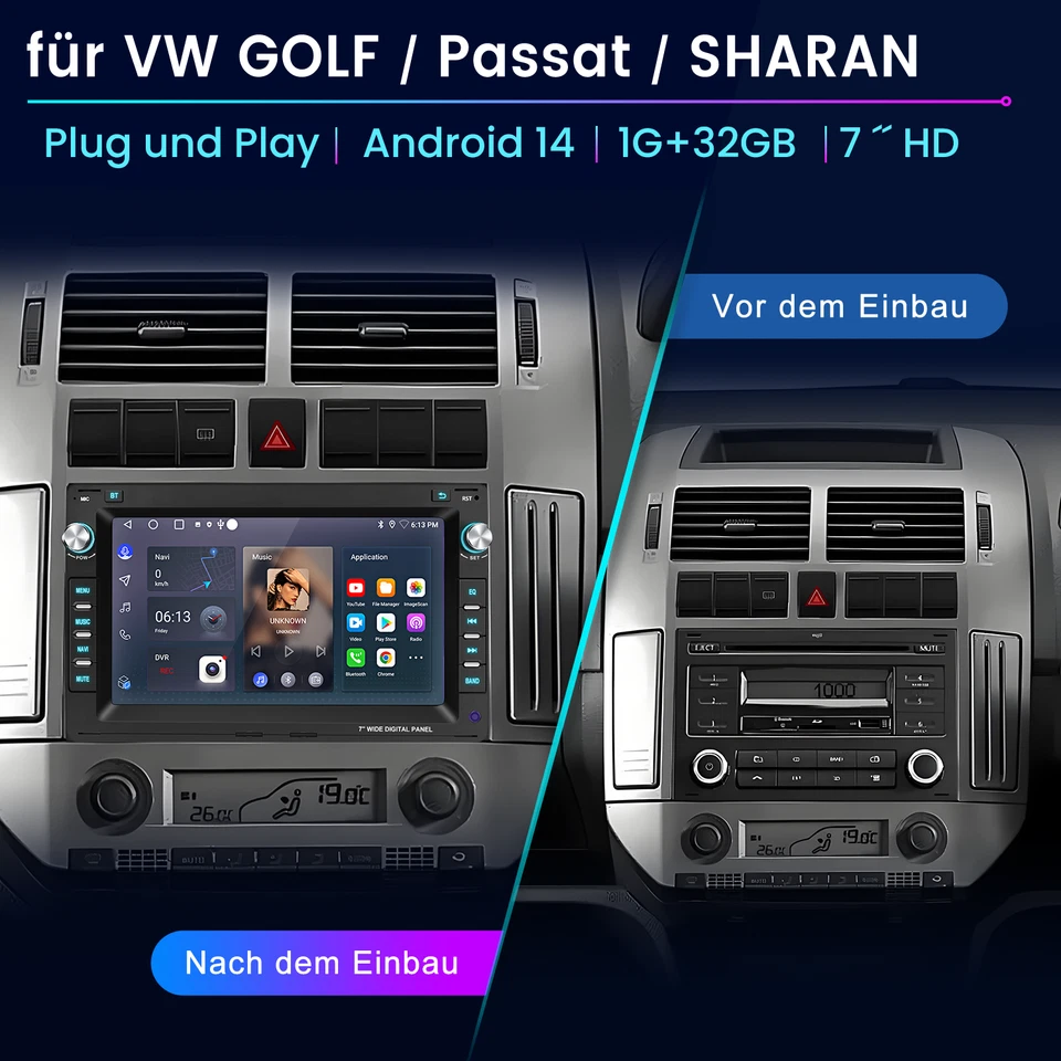 Für VW Polo 9N Golf 4 Passat B5 T5 1+32G Android 14 Autoradio Carplay GPS Navi - Bild 2 von 4