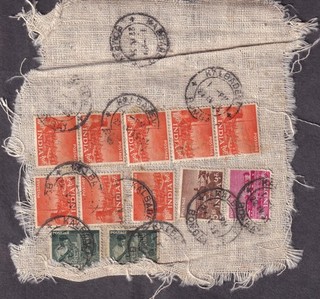 India 1955 on piece stamps on cloth cancel Kalbadevi Bombay