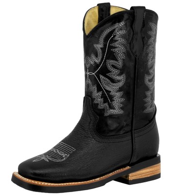 Kids Western Cowboy Boots Square Toe Black Leather Botas Rancho Size 9, 10, 13