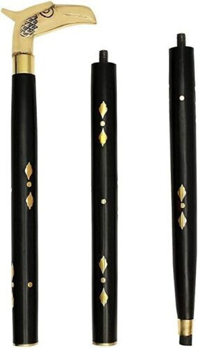 37" Vintage Antique Brass Eagle Handle Black 3 Fold Wooden Walking Stick Cane - Picture 6 of 8