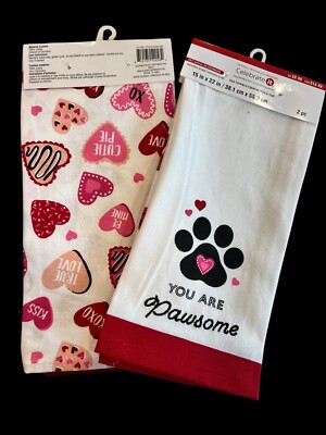 New Dog Paw Hearts ''You Are Pawsome'' Kitchen Towel w/ Love Heart Towel Set (kk)
