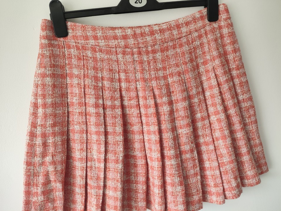 Zara Womens Orange White Check Pleated Short skirt size L 12 14 casual