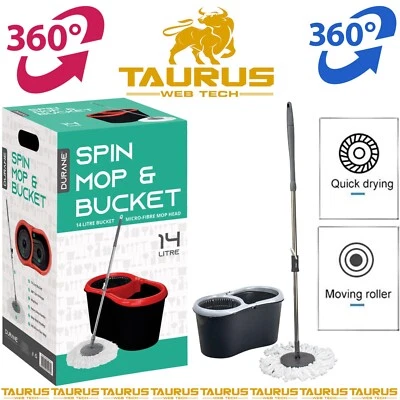 DURANE-SQ 14L MAGIC MOP SET 360° ROTATING SPIN BUCKET MICROFIBER FLOOR DRY HEADS STEEL UK