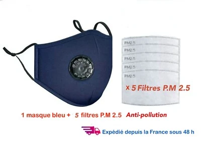 Masque  de protection tissu lavable  avec valve en coton bleu +5 filtres PM 2.5 - Photo 1/4
