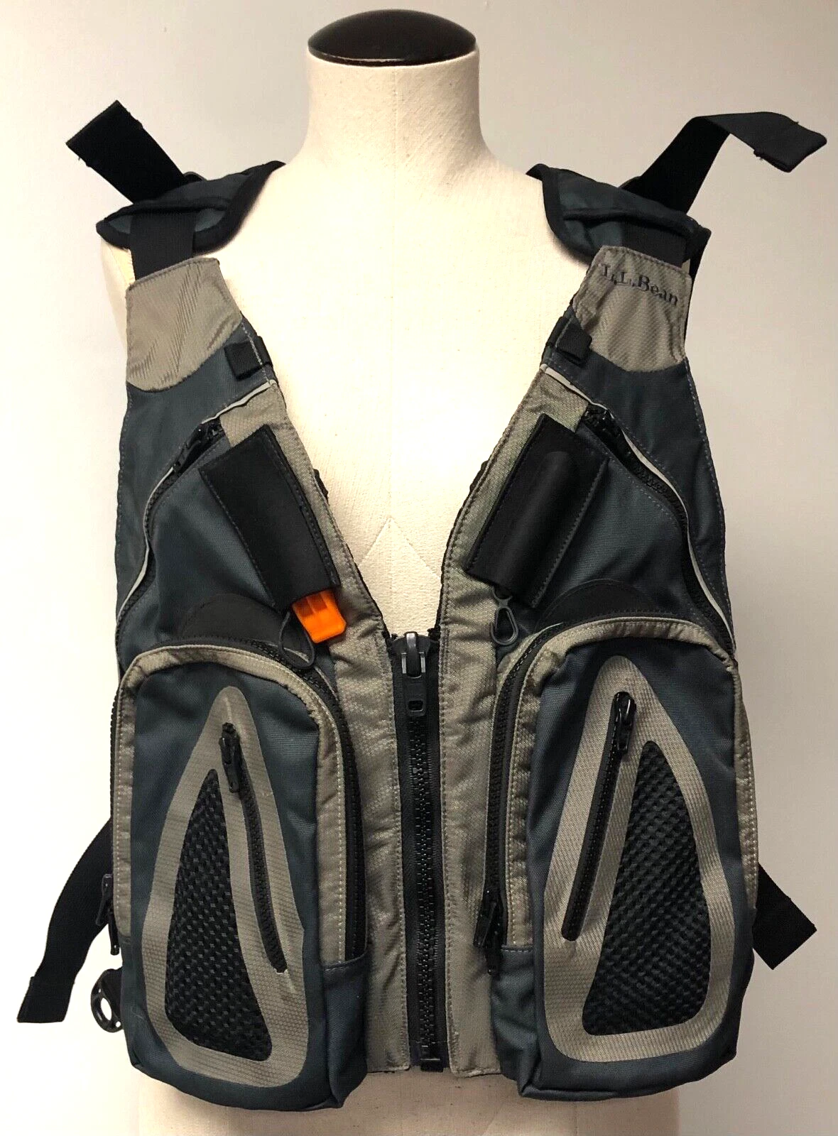 LL BEAN RAPID RIVER FLY FISHING UTILITY VEST BLACK BLUE GRAY ORGANIZER S/M