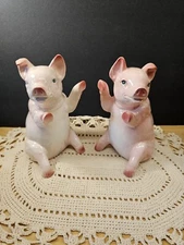 Set Of 2 VINTAGE  PINK PIG HOG 1975 ALDON  JAPAN  STATUE 6 1/2" CERAMIC
