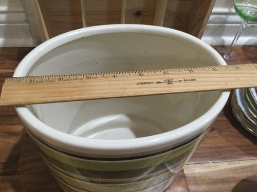 cute Home Ceramic Waste Basket White brown Green Strips W wood base 10X8.5X6'' - 第 6/7 張圖片