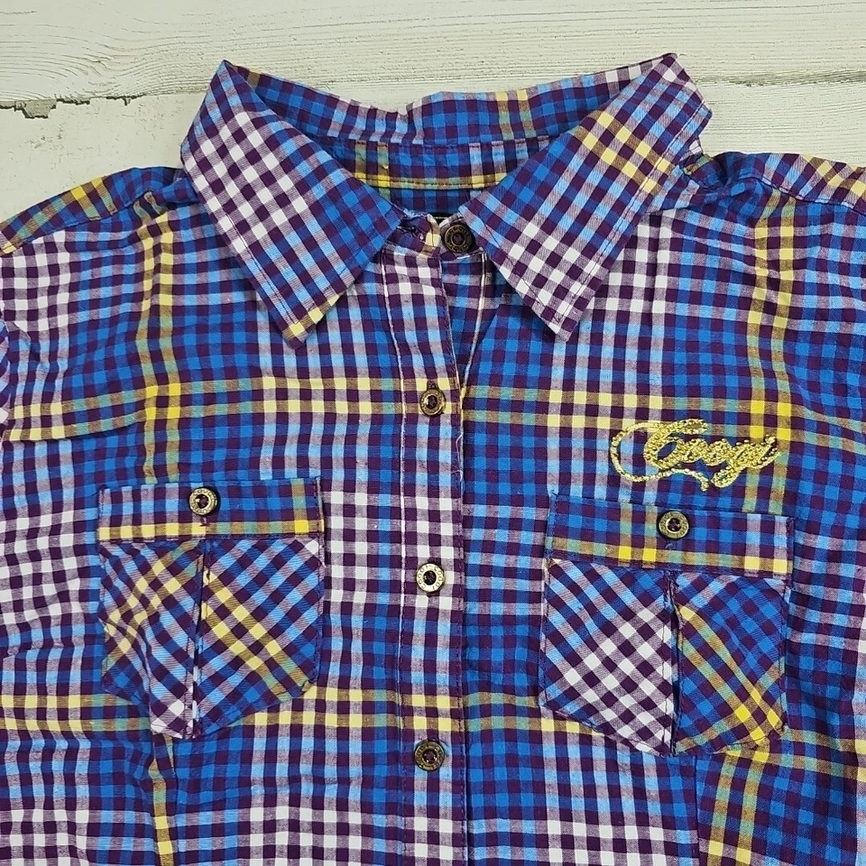 Camisa Coogi Abotonada Niñas Jóvenes 1X Púrpura Dorado Cuadros Manga Larga  Foto 2 de 4