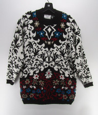 VINTAGE College Point Sweater Women Large Black White Pullover Floral Boho 90s