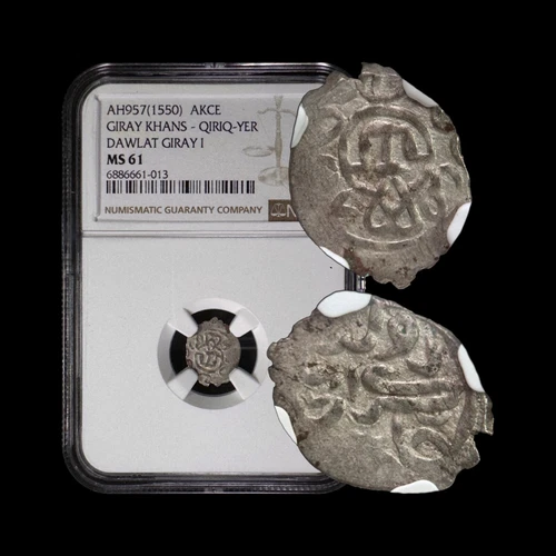 CRIMEA. 1550, Akce, Silver - NGC MS61 - Dawlat Giray I, Qirq-Yer, Ukraine 13