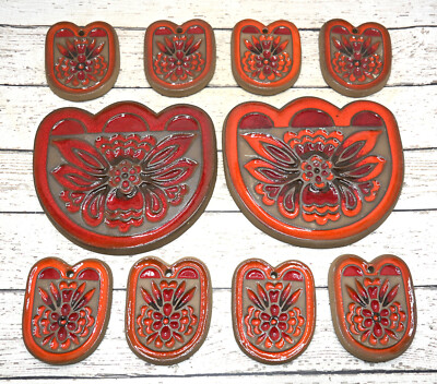 VTG Beautiful TEKT Pottery Wall Tiles USSR Russian Red Orange Lot of 10