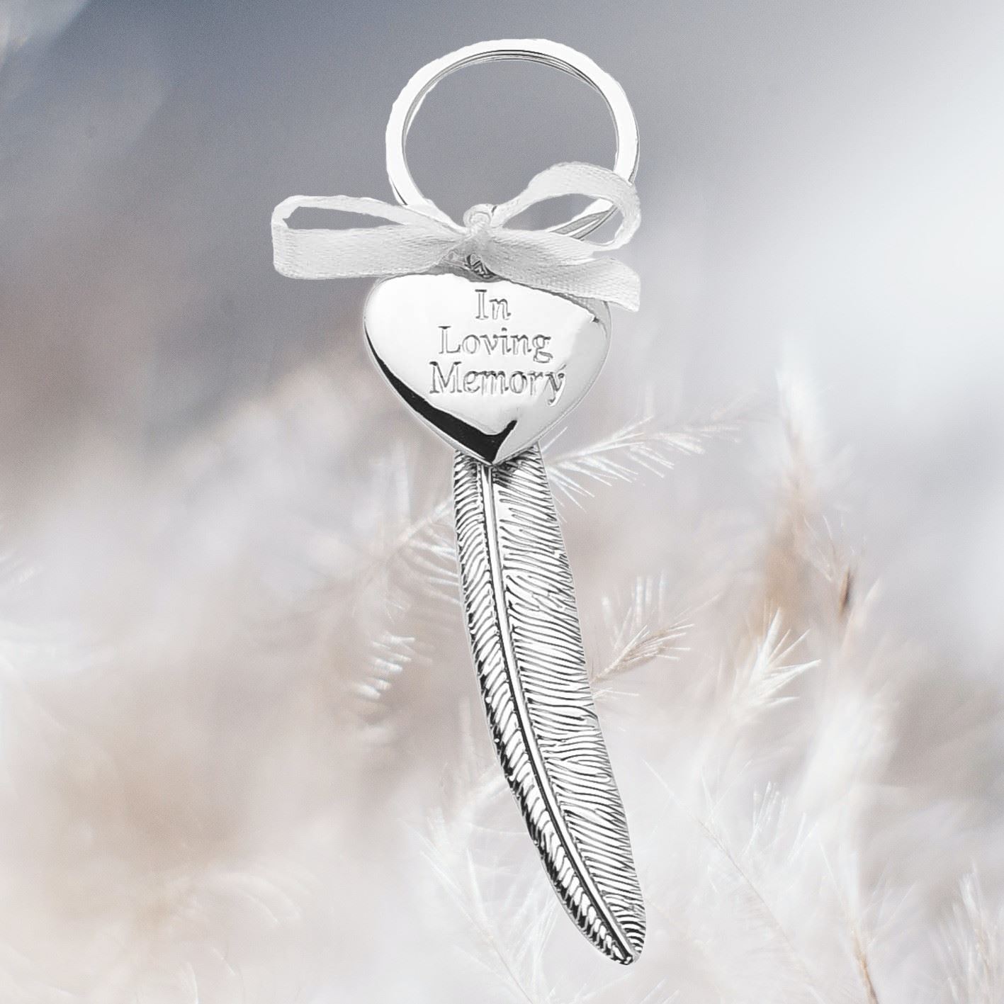 Loving Memory Silver Guardian Angel Feather & Heart Keyring | Memorial Tribute