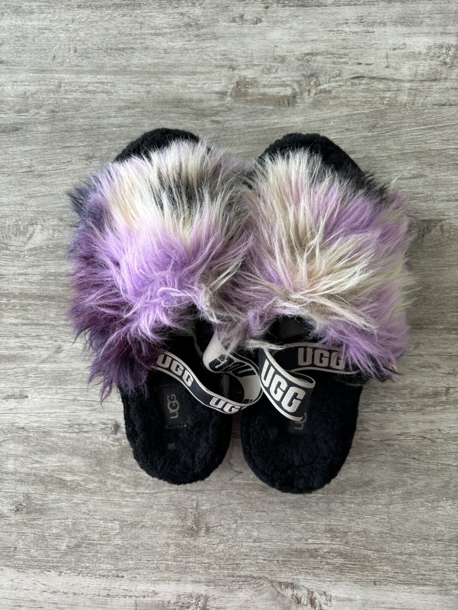 UGG Fluff Yeah Slide Slippers Purple Black Fur Lined Platform