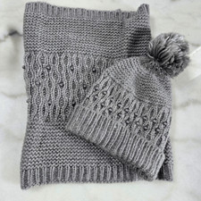 Betsey Johnson Hat and Infinity Scarf Grey Pompom Pearl Set