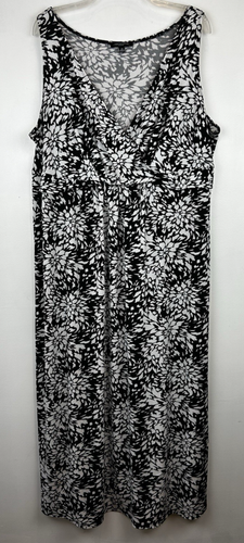 Women Maxi Dress 2X Black White Floral Midi Empire Waist Boho Casual Stretch