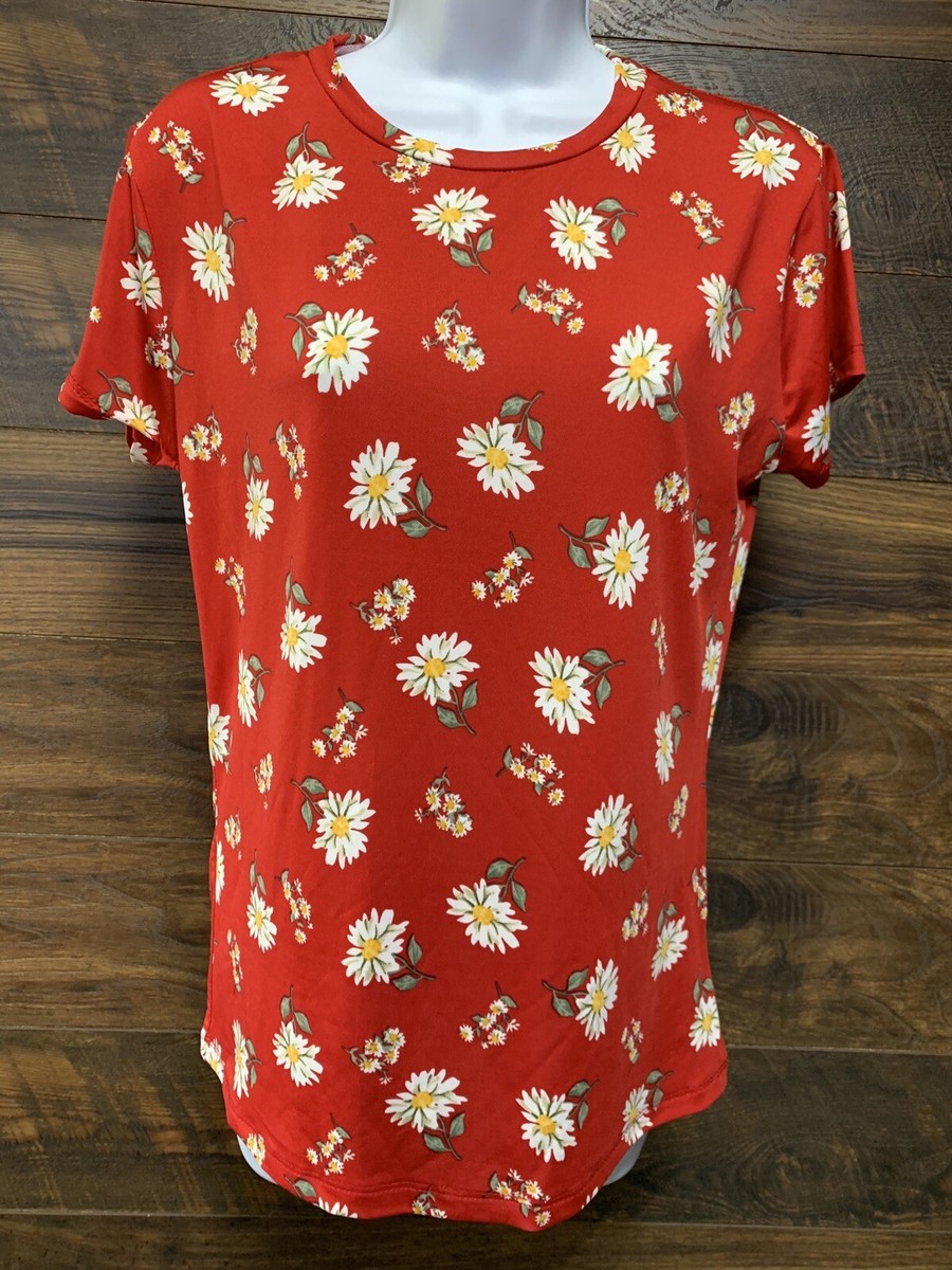 Zoompy Top Women XL Red Floral White Flowers Short Sleeves Top