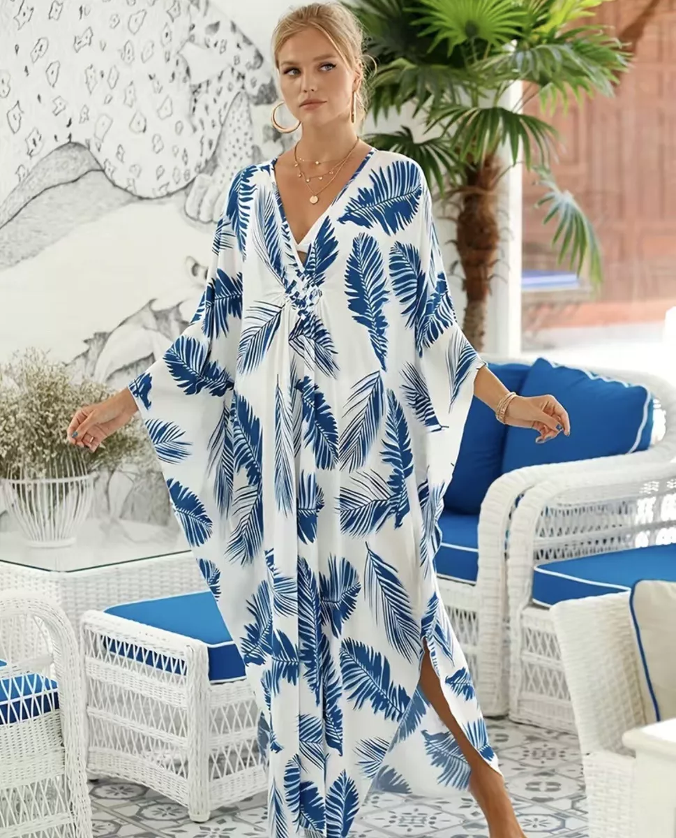 NEW Silky Maxi Dress BOHO Blue White Flowy Design O S Wrap Robe
