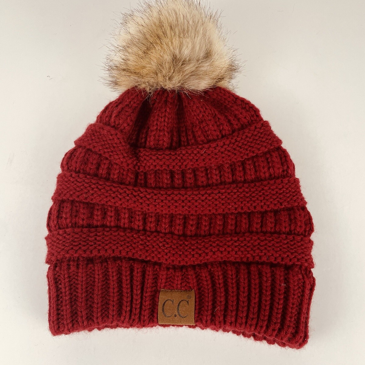 CC Exclusives CC Beanie 100% Acrylic Knit Winter Hat Faux Fur Pom-Pom  Burgundy