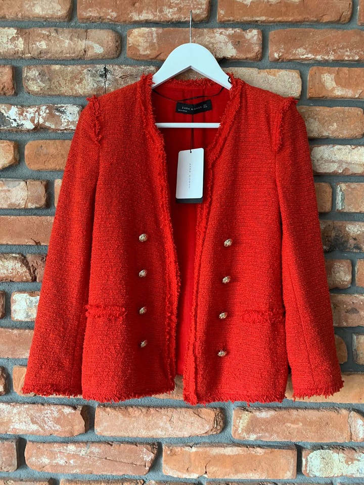 A569 ZARA RED TWEED FANTASY FABRIC BLAZER JACKET GOLD BUTTONS COAT ...